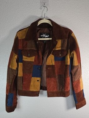 Maxima By Wilsons Patchwork Suede & Corduroy Jacket in Brown, Mustard & Blue
